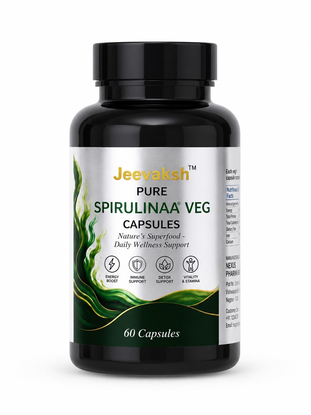 Jeevaksh Pure Spirulina Veg Capsules | 60 Capsules - Jeevaksh